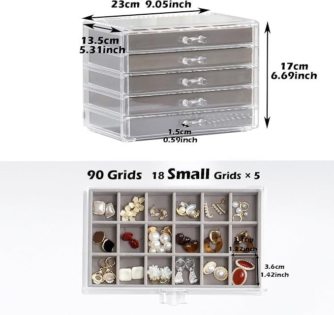 YUFONG Jewelry Organizer with 5 Drawers Clear Acrylic Earring Display Case Velvet Jewelry Storage Box Display Holder for Earr