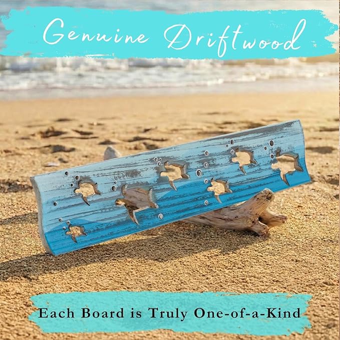 Sea Turtle Driftwood Wall Art & DIY Key Holder – Handmade Coastal Home Decor – 17.5" Genuine Weathered Wood Plank with 5 Remo