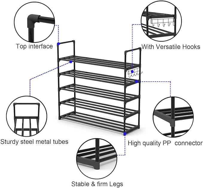 Hsscblet 5 Tiers Metal Shoe Rack,Adjustable Shoe Shelf Storage Organizer with Hooks,Stackable Boot & Shoe Storage,for Entrywa