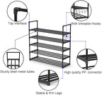 Hsscblet 5 Tiers Metal Shoe Rack,Adjustable Shoe Shelf Storage Organizer with Hooks,Stackable Boot & Shoe Storage,for Entrywa