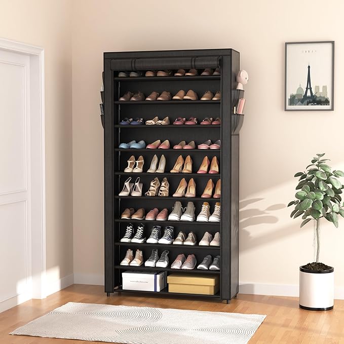 ROJASOP 10 Tier Shoe Rack with Covers,Large Capacity Stackable Tall Shoe Shelf Storage to 50-55 Pairs Shoes and Boots Sturdy 