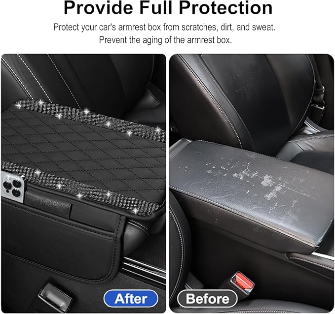 NBTEPEM Bling Car Center Console Cover, Leather Car Arm Rest Cover Cushion with 2 Storage Bags, Universal Automotive Armrest Protector Storage Box, Bling Accessories Interior for Most Vehicles (Black)