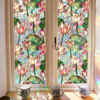 JOONOR Retro Lotus Flowers Window Privacy Film,Stained Glass Decals Colorful Floral Privacy Rainbow Decals Living Room Sun Blocking Decor Removable Static Cling Stickers,16.93 x 39.37 Inch
