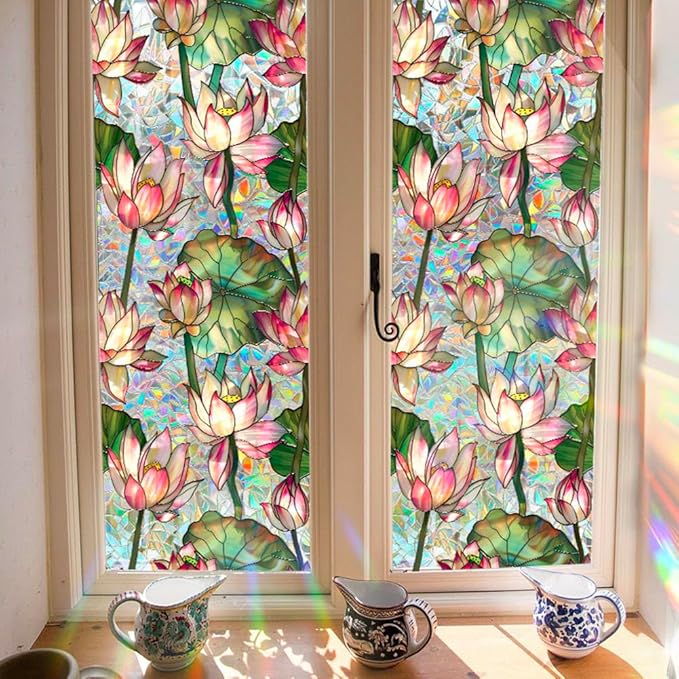 JOONOR Retro Lotus Flowers Window Privacy Film,Stained Glass Decals Colorful Floral Privacy Rainbow Decals Living Room Sun Blocking Decor Removable Static Cling Stickers,16.93 x 39.37 Inch