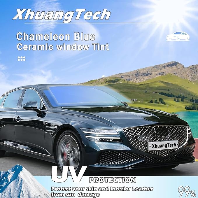 XhuangTech Car Tints for Window, 70% VLT Blue Window Tint for Cars, Front Windshield Tint UV Heat Blocking, One Way Privacy Window Film Chameleon Blue (3.28ft x 10ft & 1.64ft x 10ft)