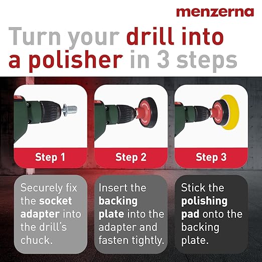 menzerna 3in1 Polishing Set – One-Step Polish (8oz) + Drill Machine Adapter + Medium Cut Pad | Polish Your Car with a Cordless Drill
