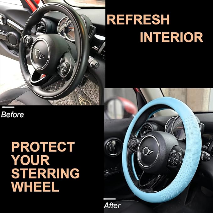 PINCTROT Large Size Nappa Leather Steering Wheel Cover, Slim Fit No Bulk Design, One Piece Leather with Breathable Perforatio