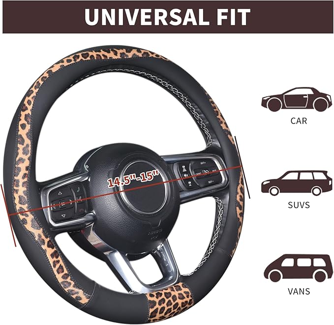 Leopard Steering Wheel Cover, Breathable Microfiber Leather Universal 14.5-15 inch for Most Automotive Steering Wheel Cheetah