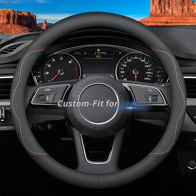 Custom-Fit Leather Car Steering Wheel Cover for Jeep, A-Style, Non-Slip, Breathable