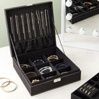 Juvale Jewelry Box for Men - 10.5 x 10.5 x 3.5 in, Black Velvet - Locking 2-Layer Travel Jewelry Organizer & Earring Holder, 
