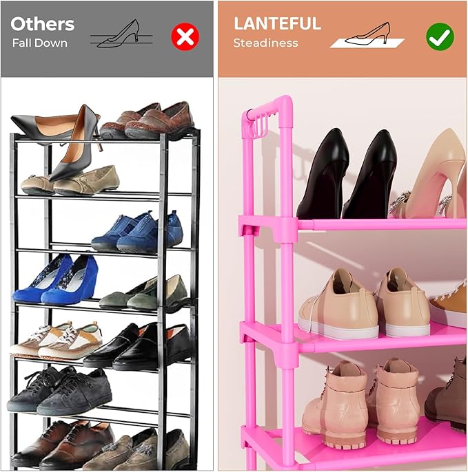 LANTEFUL 3 Tier Shoe Rack for Closet, Shoe Organizer with 5 Hooks, Long Shoe Shelf Storage for Shoe and Boot Stackable Free S