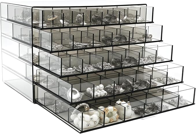 Clear Grey Acrylic Jewelry Storage Box, Earring Jewelry Organizer with 5 Drawers, 5-Layer Jewelry Box for Women, Earring Disp