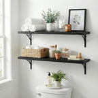 48Inch Solid Pine Wood Floating Shelves Set of 2, Black Wood Wall-Mounted Storage Shelves with Heavy-Duty Metal Brackets | De