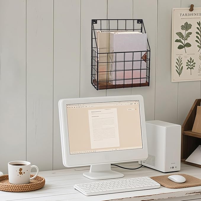Mail Holder Magazine Basket - 1 Pack Black Wall Mount File Organizer Rack of Wooden Style with Adhesive Mounting - Metal Wire