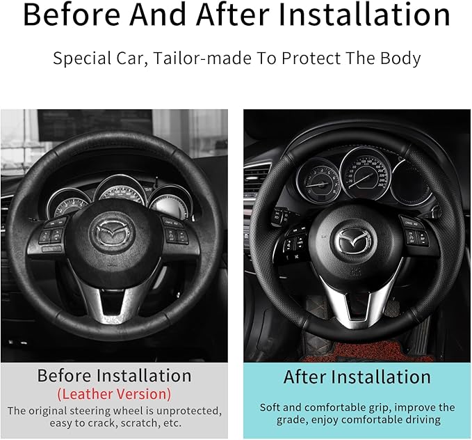 Hand Sewn Microfiber Leather Steering Wheel Cover on Wrap,Fit for Mazda 3 2014-2016 Mazda 6 2014-2016 Mazda 2 2015-2017 CX-3 2016-2017 CX-5 2013-2016 for Scion iA 2017