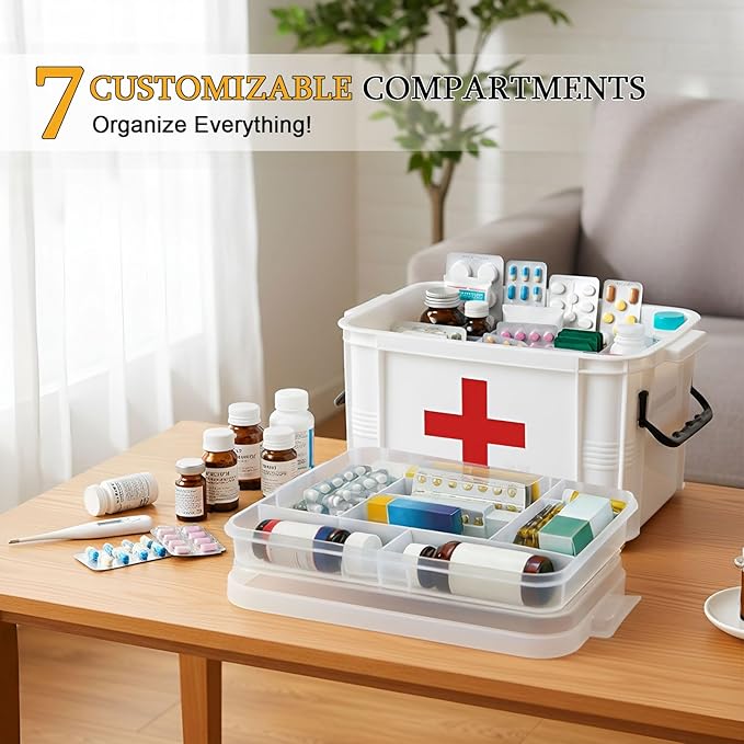 15QT Clear Medicine Organizer Box with Handle, Plastic Medicine Container with Tray First Aid Box Empty, Thickened Medicine S