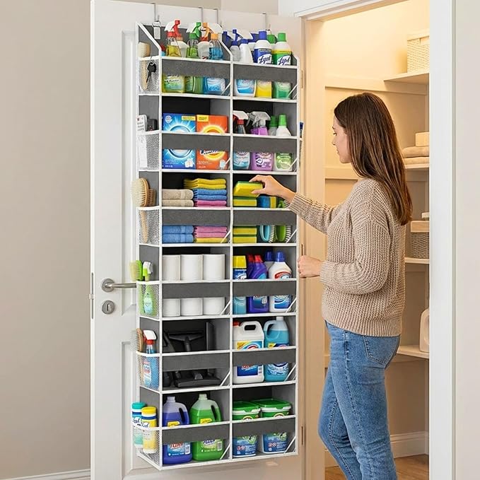 Over the Door Organizer 6 Tiers, Extra Large Behind Door Storage of 12 Compartments, 80 lbs Weight Capacity Hanging Storage O