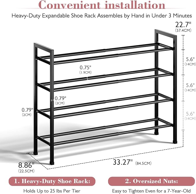 Bumusty 4-Tier Expandable Shoe Rack for Closet, 18“-33” Adjustable Shoe Rack for Small Space, Small Shoe Organizer for Front 