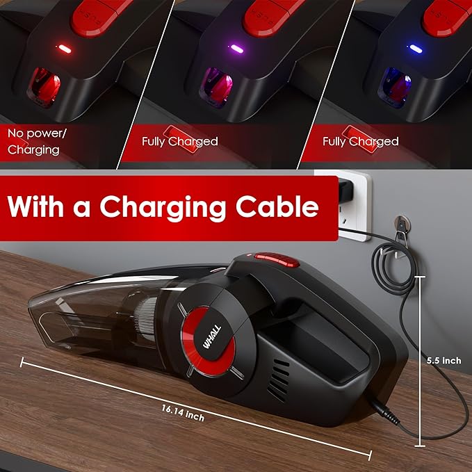 Whall Handheld Cordless Car Vacuums, Wet and Dry Use 9000Pa Strong Suction Vacuums, Rechargeable Portable Vacuum Cleaner with