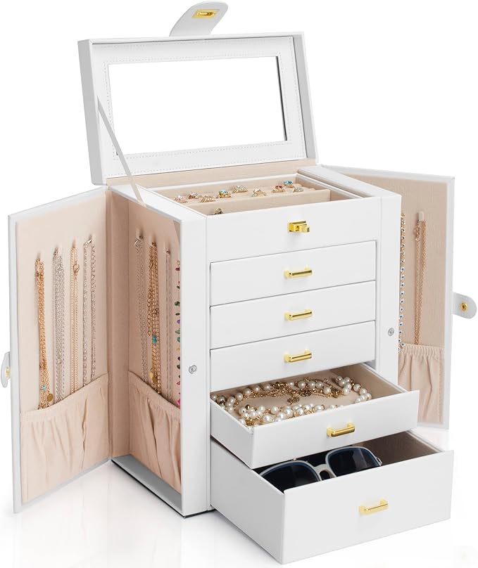 AKOZLIN Functional 6-Tier Jewelry Box Organizer with 5 Drawers Leather Jewelry Storage Case for Women Girls Ring Necklace Ear