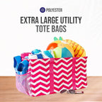 Extra Large Utility Tote Bag, Oversized Collapsible Reusable Wire Frame Rectangular Canvas Basket With Two Exterior Pockets For Beach, Pool, Laundry, Car Trunk, Storage - Chevron Pink