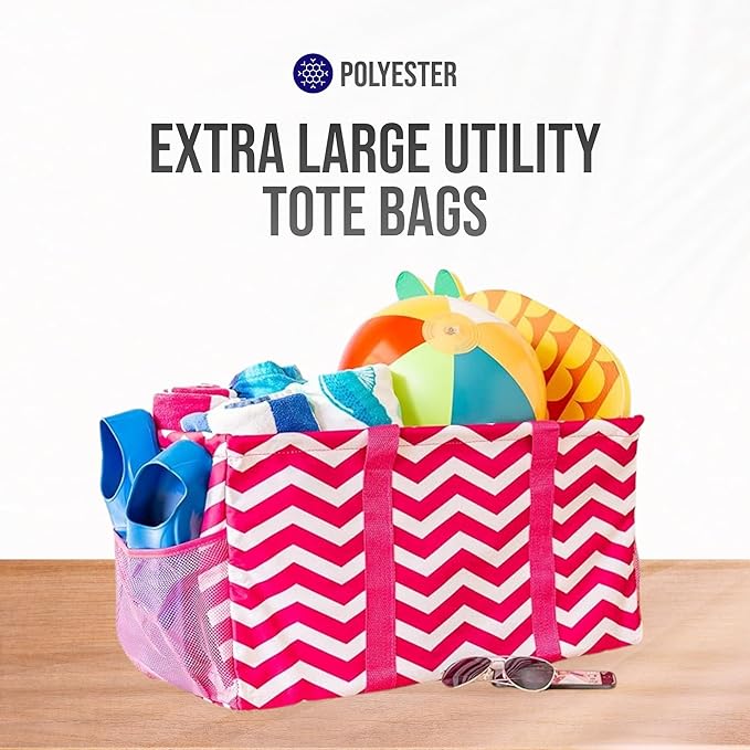 Extra Large Utility Tote Bag, Oversized Collapsible Reusable Wire Frame Rectangular Canvas Basket With Two Exterior Pockets For Beach, Pool, Laundry, Car Trunk, Storage - Chevron Pink