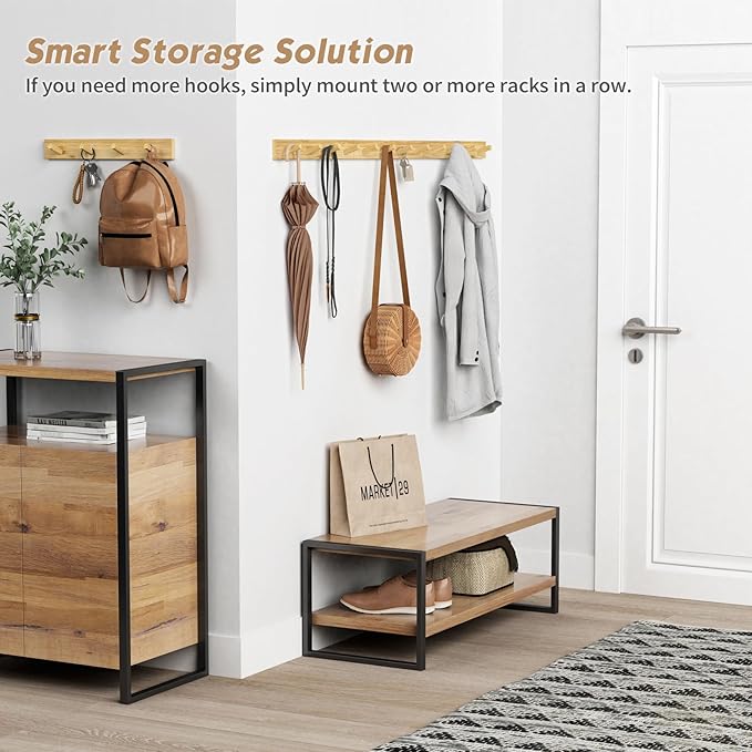 Forbena Natural Wood Coat Rack Wall Mount Set of 4, Wooden Wall Hooks for Bathroom Towels, Vertical Coat Hanger for Kids Room