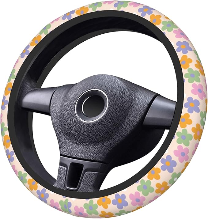 Flowers Floral Steering Wheel Cover Cute Universal 15 Inch Car Accessories Protector for Women Fit Auto SUV Sedan Vans Trucks