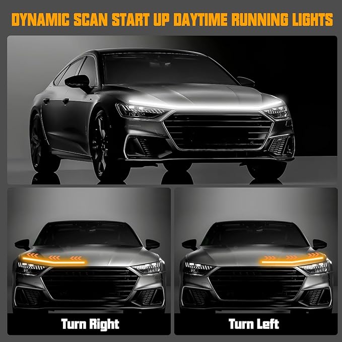 Flexible Car Hood Light Strip, 70 Inches Dynamic LED Daytime Running Lights, White and Amber Switchback Sequential Turn Signal Lights for Car, Truck, SUV