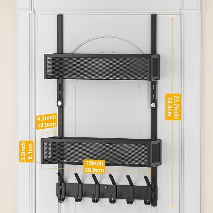 LUCYCAZ Adjustable Over The Door Hooks Organizer, Over The Door Towel Rack with 10 Coat Hooks & 2 Mesh Basket, Multi-Purpose 