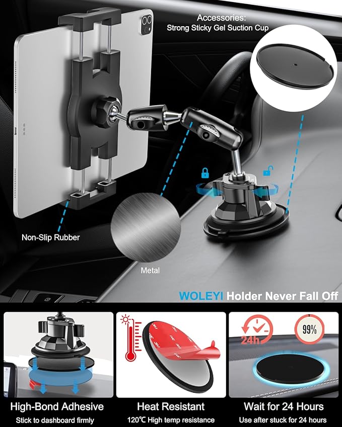 Heavy Duty Car Tablet Mount Holder - [Metal Arm] Dashboard Windshield Suction Cup Tablet Holder for Truck/Car Mount, for 4.7-13" Tablets Like iPad Pro Air, Mini, Galaxy Tab, Z Fold, Fire HD, iPhone