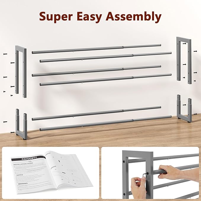 FAVOOSTY 3-Tier Expandable Shoe Rack, Adjustable Shoe Shelf Storage Organizer Space Saving Metal Free Standing Shoe Rack for 