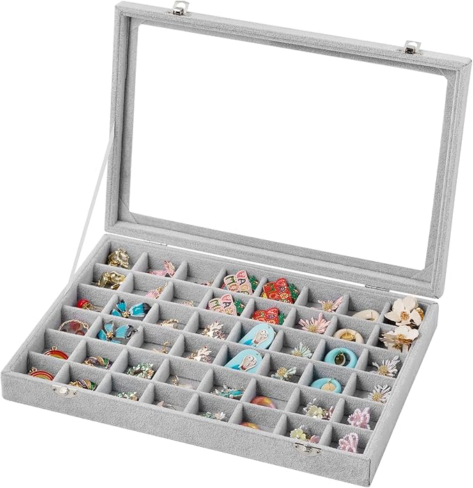 Frebeauty 48 Grid Jewelry Tray,Adjustable Earring Holder Organizer with Glass Lid,Velvet Drawer Jewelry Organizer for Rings,S