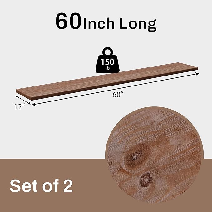 12 Inch Deep Floating Shelves Set of 2, 60 Inch Extra Wide Brown Solid Wood Wall Shelves, 5ft Heavy Duty Farmhouse Wall Mount