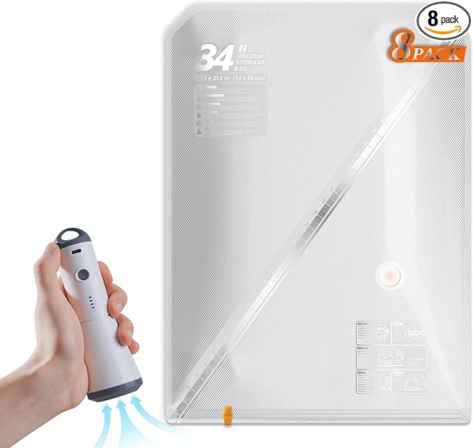 Vacbird Travel Vacuum Seal Bags, 8 Pack 34" Vacuum Storage Bags with Rechargeable Cordless Pump Compression Packing for Cloth