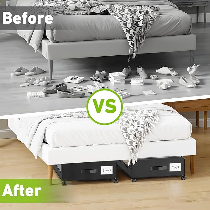 Under Bed Storage with Wheels, 2-Pack Underbed Storage Containers with Clear Lids, Under Bed Shoe Storage Organizer, Rolling 