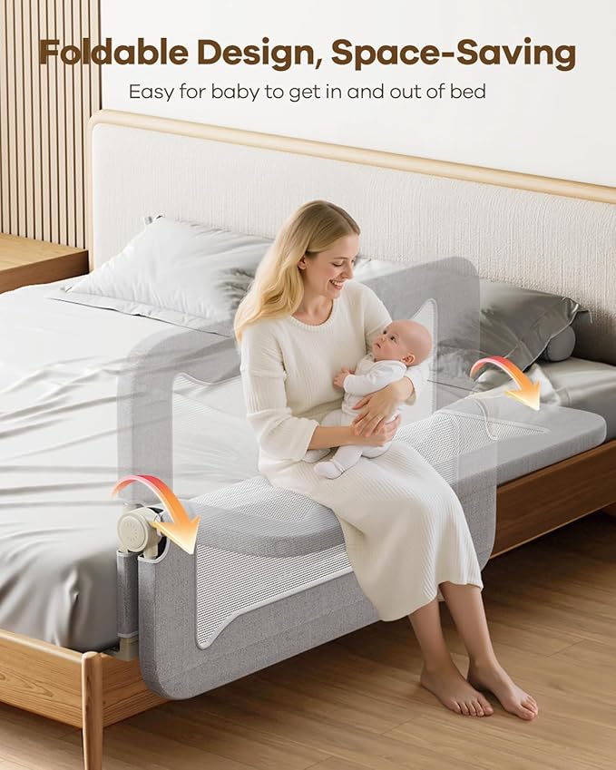 Foldable Bed Rail for Toddlers, 47in Reinforced Carbon Steel Frame&Connectors, Breathable Cationic Fabric, Safety Toddler Bed