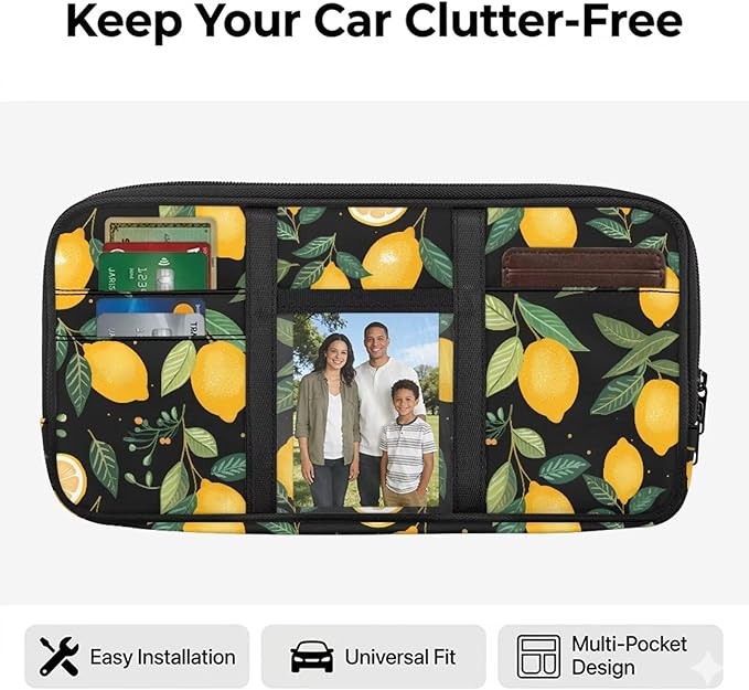 Lemon Car Visor Organizer, Multipurpose Car Sun Visor Organizers with Zipper Lightweight Portable Auto Sunshade Organizer Bag Polyester Soft Truck Sunvisor Organizers for Most Vehicles