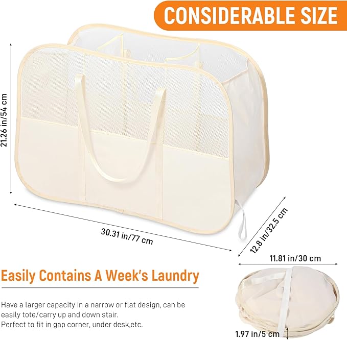 Collapsible Laundry Baskets with 3 Compartment, 150L Tear-proof Pop Up Hamper, Foldable Laundry Basket with Tote Handles, Dir