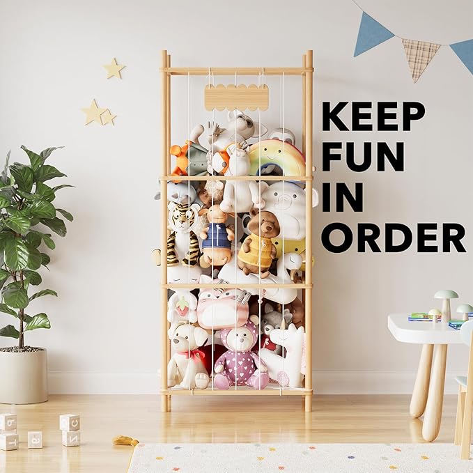 SpaceAid Stuffed Animal Storage Organizer, Wood Animals Zoo Toy Plushies Storage Holder, Large Capacity Plush Toy Cage for Pl