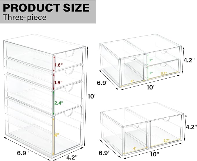 Prsildan Acrylic Drawer Makeup Organizer with 9 Drawers, Set of 3 Office Desk Organizers Accessories, Clear Stackable Storage