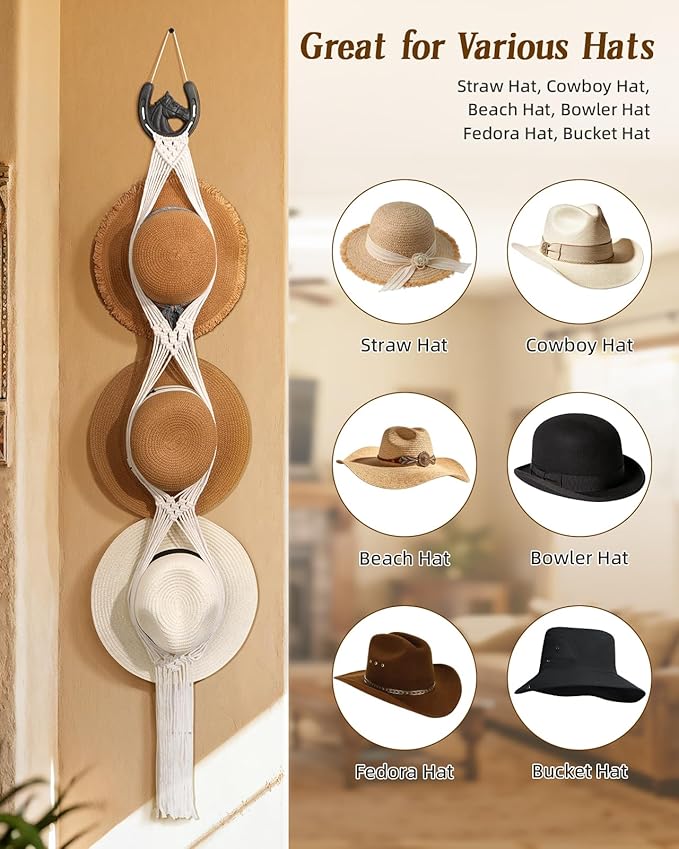 Macrame Wall Hat Rack Boho Hat Organizer Wall Mount with Cast Iron Horsehead Hanger Western Hat Holder for Women Wide Brimmed