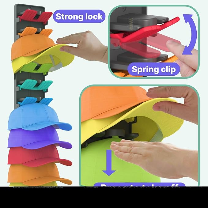 Hat Organizer for Baseball Caps 2 Packs with Built-in Spring Clips - Wall Mount Closet Hat Rack Holder,Storage for Door/Close
