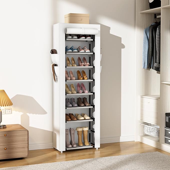 VILICK Shoe Rack with Cover Narrow Shoe Rack Organizer with 4 Side Pockets 10 Tier Tall Shoe Storage Shoe Shelf Holds 18-22 P