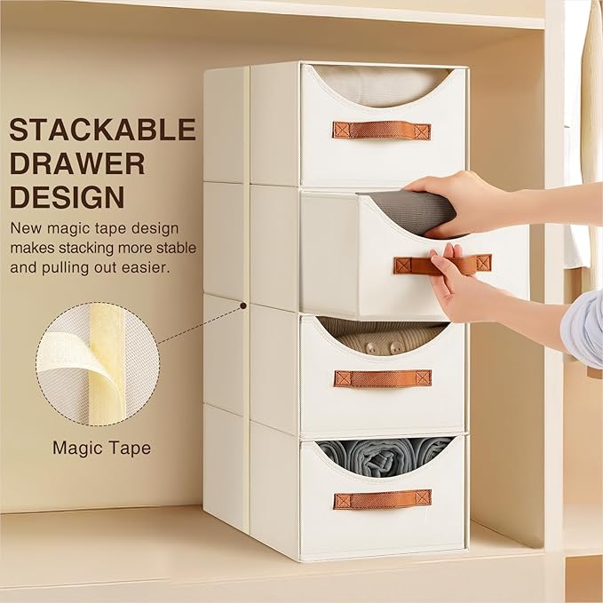 Homsorout Stackable Storage Drawers - Collapsible Storage Bins with Drawers, 8 Pack Closet Shelf Organizer Basket, Fabric Pul
