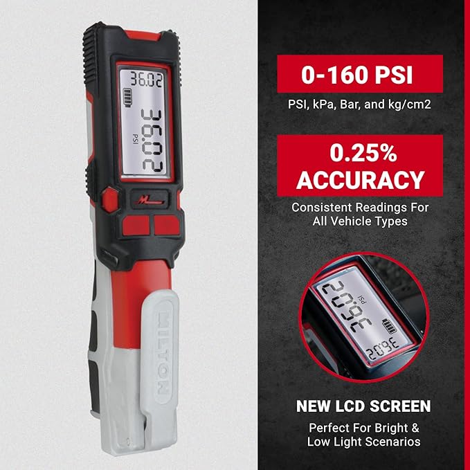 Milton Precision Digital Tire Pressure Gauge S-580ekit, Made In USA Most Accurate Inflator Gauge Available, Perfect for Professional Technicians, Easy to Read Display, 0-160 PSI Pressure Range, Red