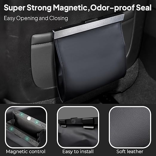 COZILO Leather Car Trash Can with Smart LED Light & Magnetic Closure,Leak-Proof, Odor-Lock Car Trash Bin for Any Cars, Sedans, SUVs, Trucks, Black