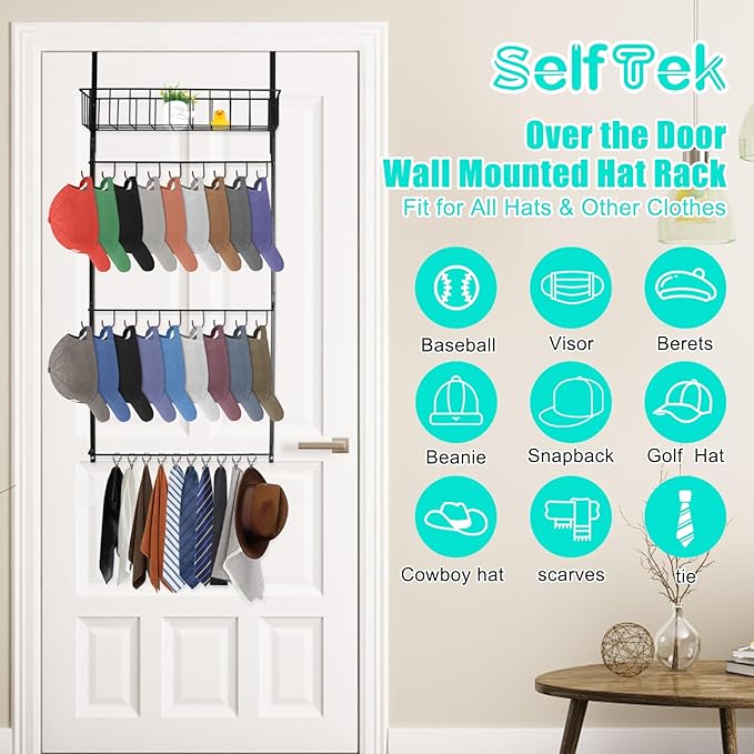 SelfTek Large Size Over the Door Hat Rack, Hat Storage Organizer for Baseball Caps for Closet & Door, Wall Mounted Hat Holder
