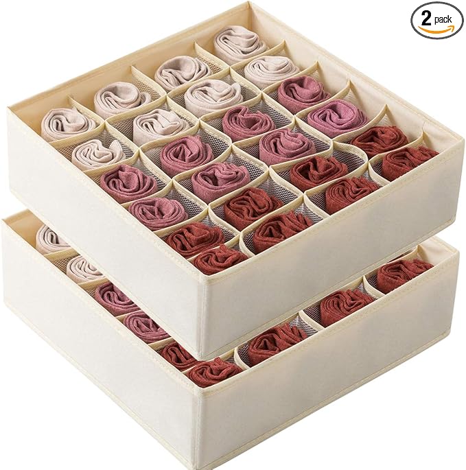 Qozary 2 Pack Socks Underwear Drawer Organizer Divider, 24 Cell or 16 Cell Collapsible Cabinet Closet Organizer Storage Boxes