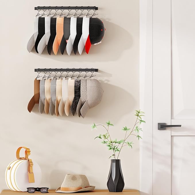 Hat Rack Wall Set of 2, Wall Mounted Hat Hanger Metal with Hooks for Baseball Cap Cowboy Hat, Closet Storage Organizer for Be